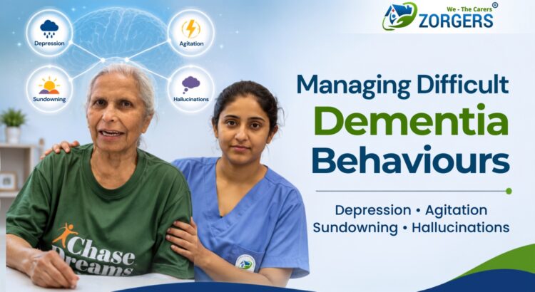 Caregiver supporting elderly person with dementia showing signs of agitation and confusion